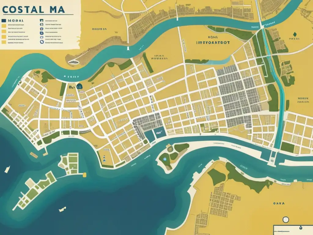 Antiguo mapa urbano costero desgastado por el tiempo, con anotaciones sobre 'Adaptación del urbanismo al cambio climático' y áreas inundadas