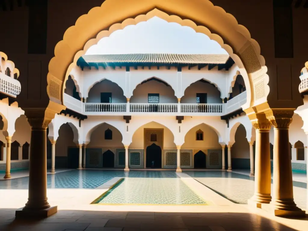 En el antiguo patio de una madrasa islámica, estudiantes y maestros debaten bajo la luz solar, destacando el rol de las madrasas islámicas