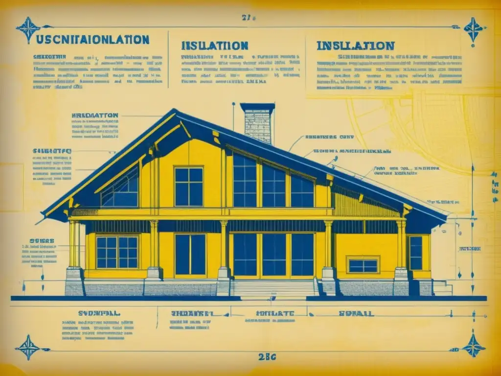 Antiguo plano arquitectónico detallando aislamiento sostenible para edificios ecológicos, con ilustraciones a mano y anotaciones detalladas