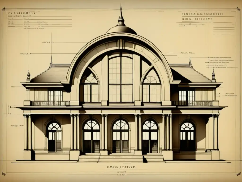 Antiguo plano arquitectónico detallado en sepia, muestra análisis estructural