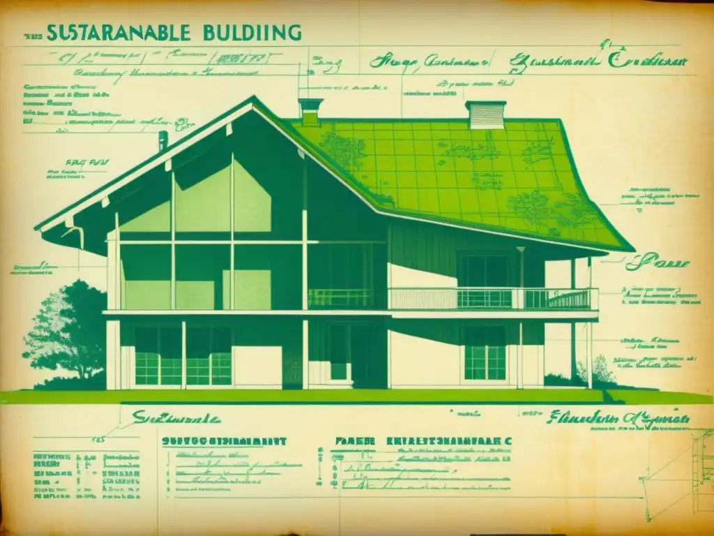 Antiguo plano arquitectónico detallado con certificaciones verdes en arquitectura, mostrando diseño de techo verde y estrategias solares pasivas