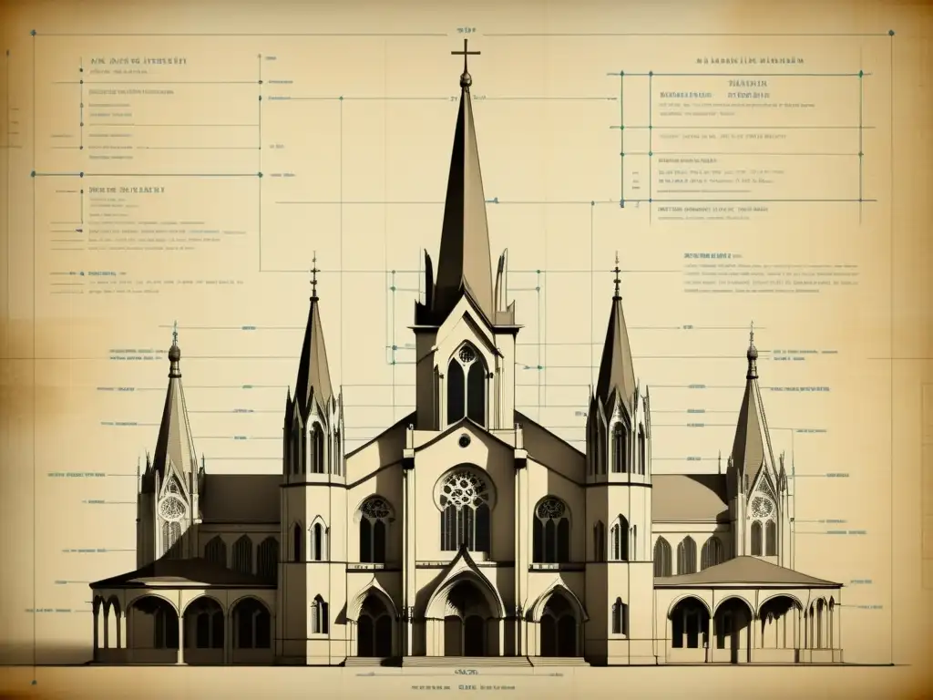 Antiguo plano arquitectónico de catedral, resaltando detalles en sepia