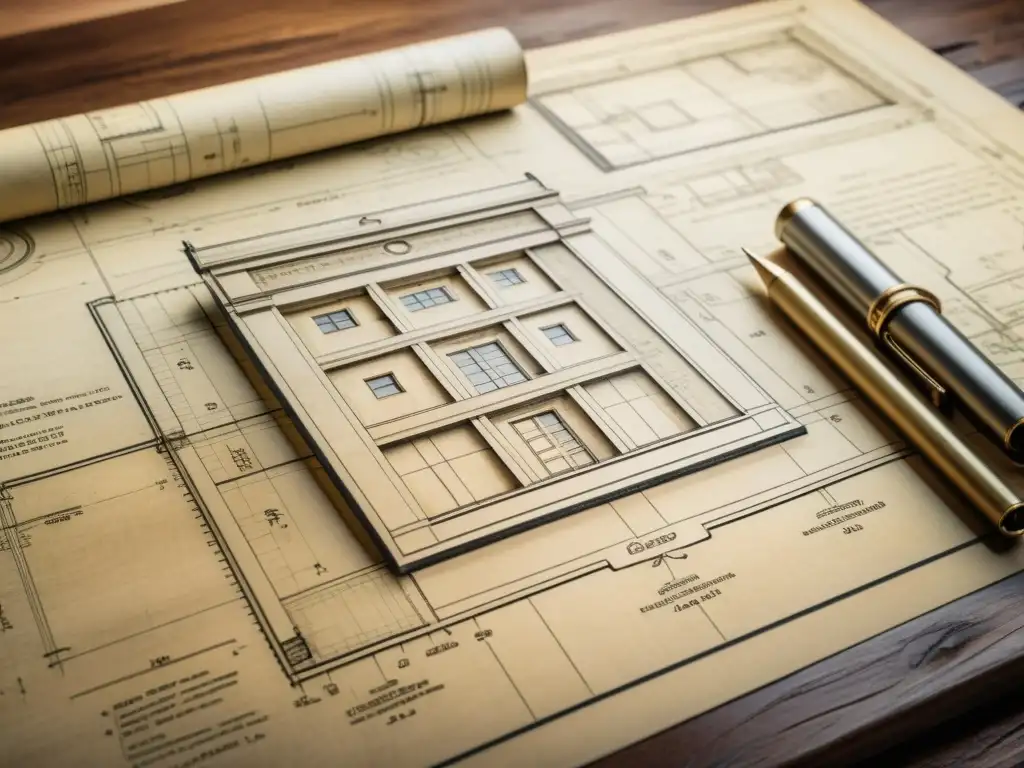 Antiguo plano arquitectónico con detalles hechos a mano y herramientas de dibujo dispersas, muestra integración de BIM en diseño sostenible