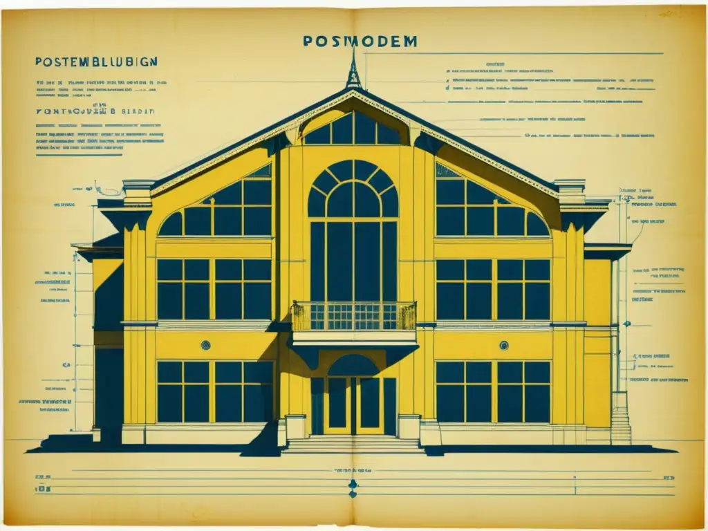 Antiguo plano arquitectónico de edificio postmoderno con detalles geométricos