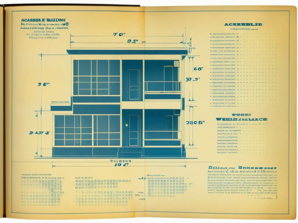 Antiguo plano arquitectónico de edificio accesible con rampas, puertas anchas y diseño inclusivo