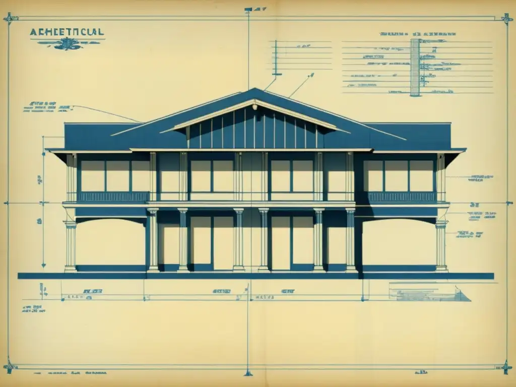 Un antiguo plano arquitectónico de una estructura moderna, con detalles intrincados y notas manuscritas