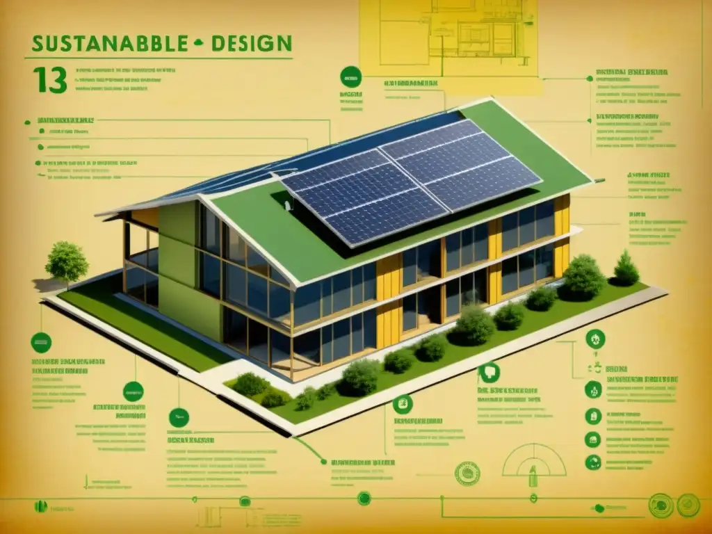 Diseño sostenible: Detalles ecoamigables y tecnologías BREEAM Antiguo plano de construcción sostenible con Certificación BREEAM, resaltando detalles ecológicos en papel envejecido