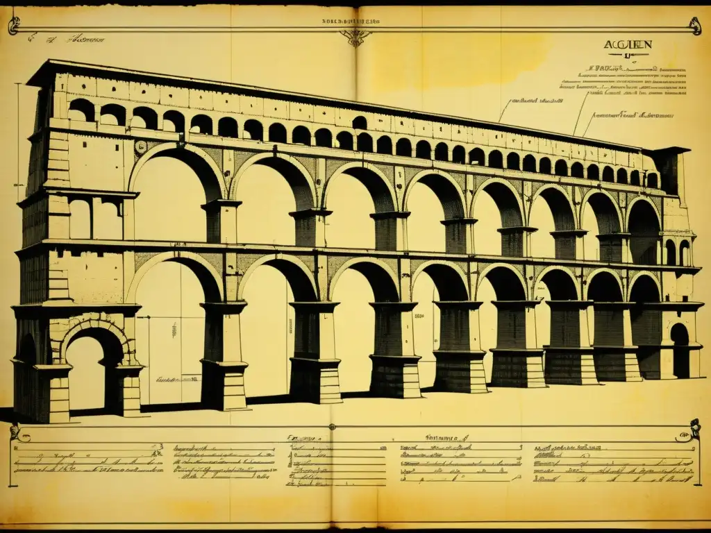 Antiguo plano detallado de un acueducto romano, destacando su diseño arquitectónico y la certificación BIM para arquitectura histórica