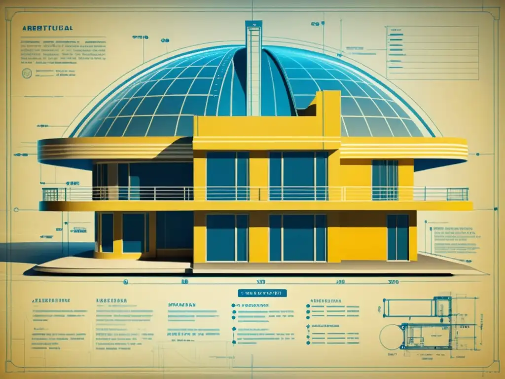 Antiguo plano detallado de arquitectura para edificio futurista