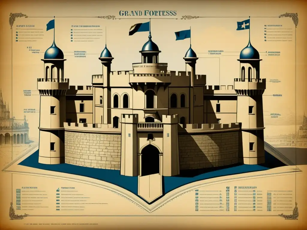 Antiguo plano detallado de una imponente fortaleza, destacando la planificación meticulosa y el legado histórico de los Maestros Constructores Grandes Fortificaciones