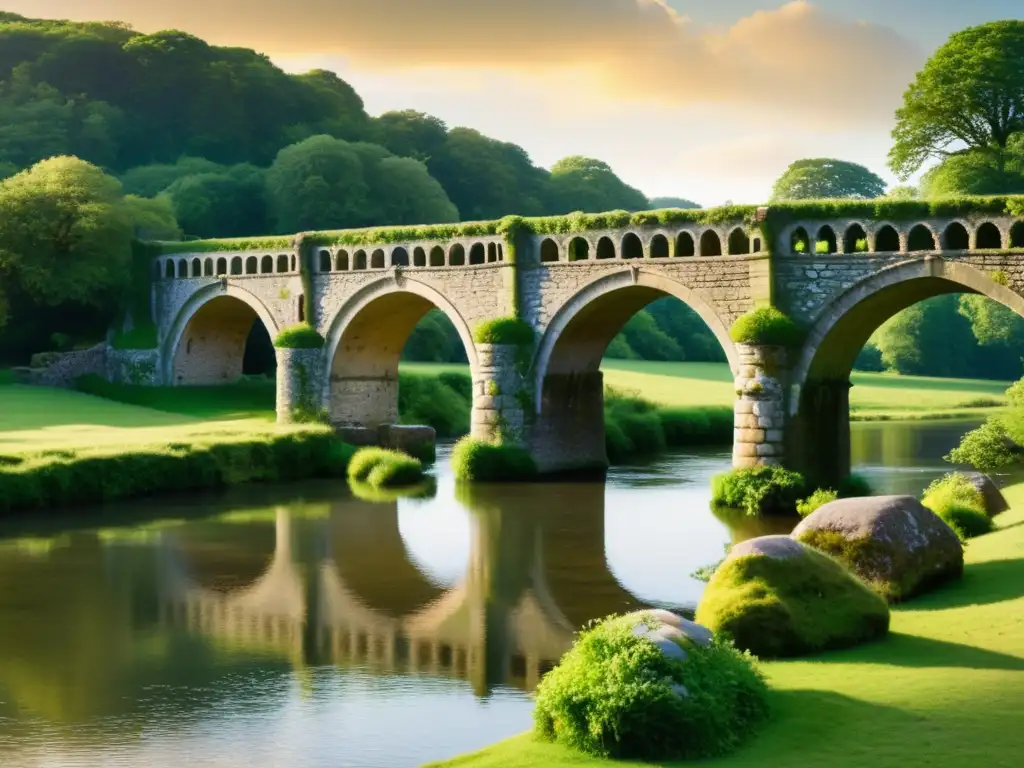 Un antiguo puente de piedra con arcos románicos, decorado con musgo y bañado por la cálida luz del atardecer