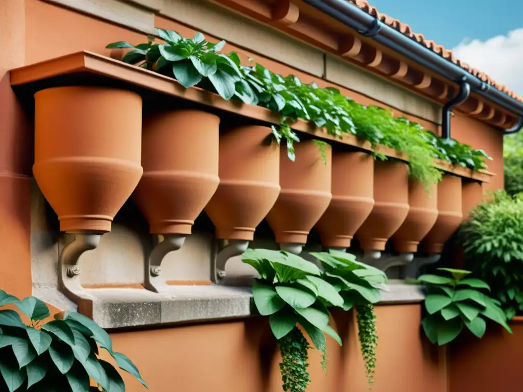 Antiguo sistema de recolección de agua de lluvia en terracota integrado en edificio histórico, evoca armonía con la naturaleza