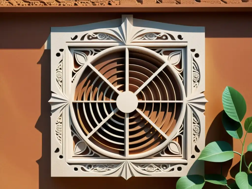 Antiguo sistema de refrigeración pasiva con diseño detallado en piedra y barro, integrado en arquitectura tradicional