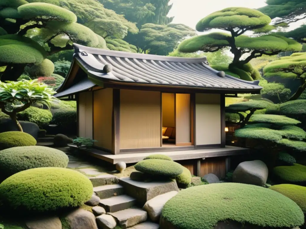 Un antiguo teahouse japonés rodeado de exuberante vegetación, reflejando la belleza WabiSabi en la arquitectura japonesa