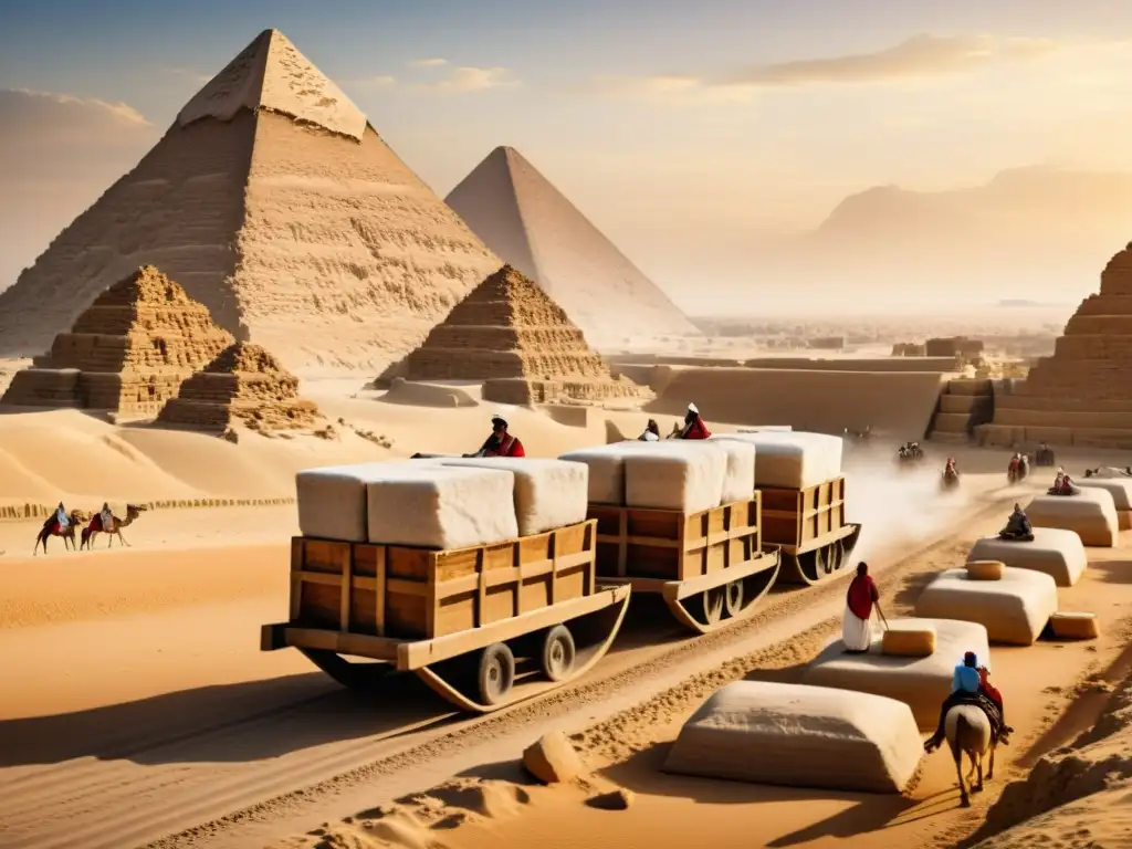 Antiguos métodos de construcción en Egipto: obreros transportan enormes bloques de piedra con trineos de madera junto a las pirámides de Giza