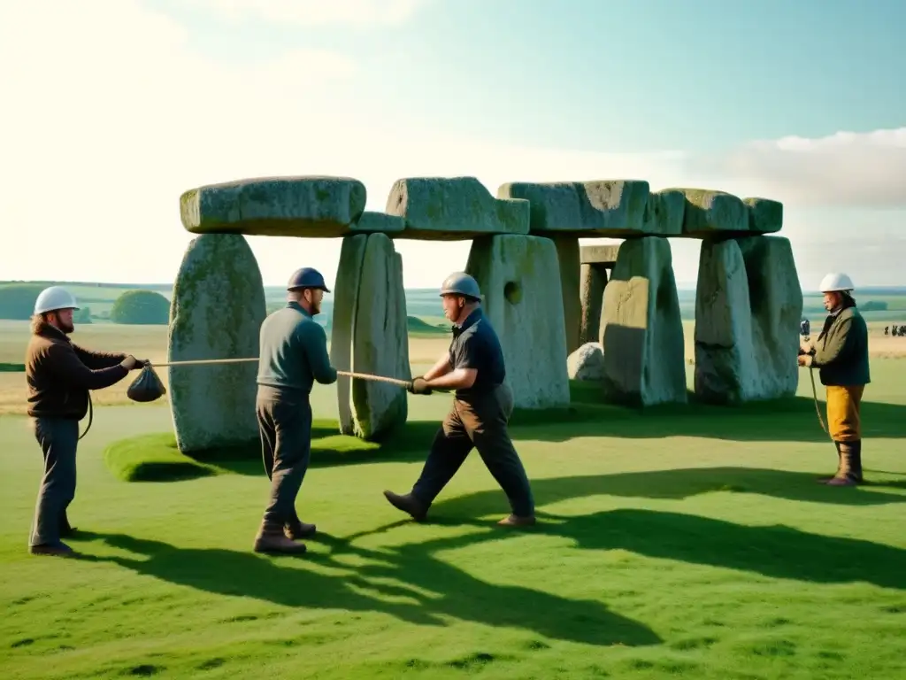 Antiguos métodos de levantamiento en Stonehenge: trabajadores manipulan grandes piedras con técnicas ancestrales, bañados por cálida luz dorada