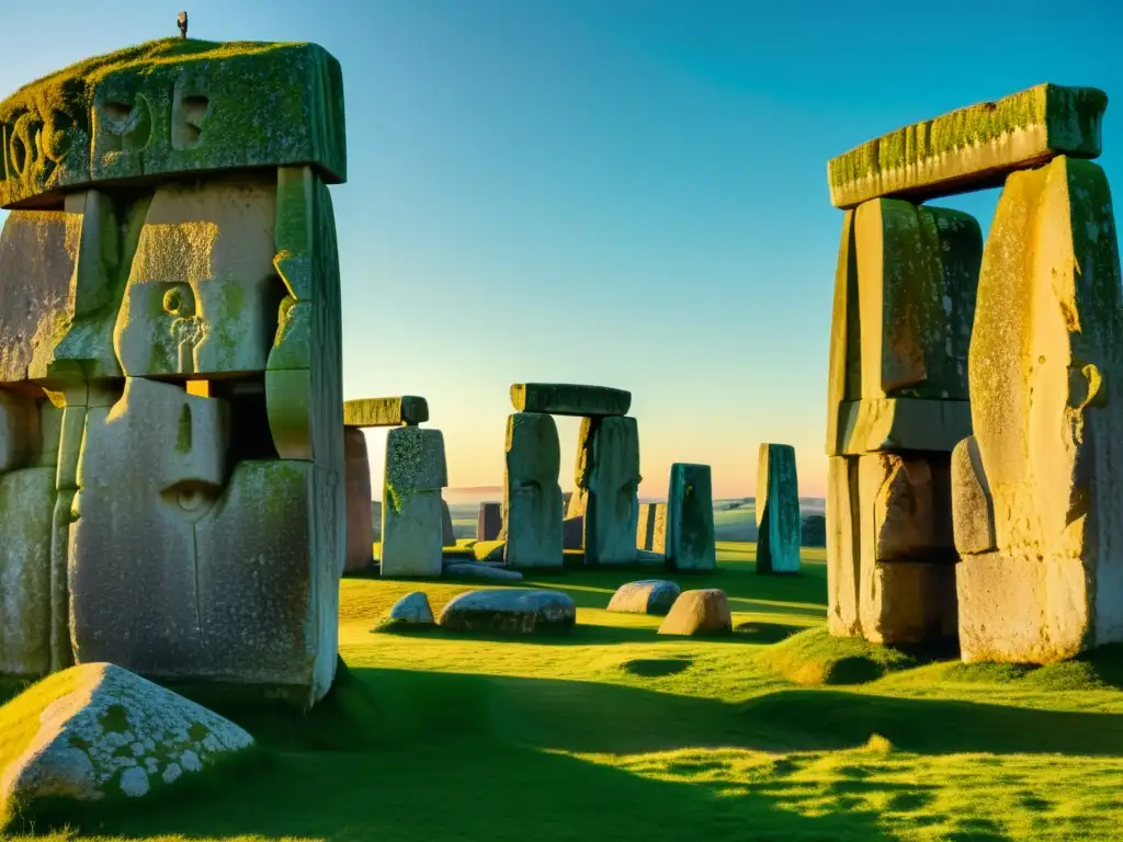 Los antiguos símbolos y carvings de Stonehenge se iluminan por el cálido sol poniente, evocando el simbolismo arquitectura megalítica