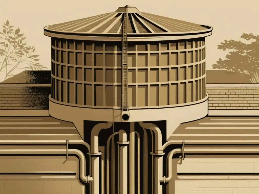 Aprovechamiento de aguas pluviales en arquitectura: Ilustración vintage de sistema antiguo de recolección de agua de lluvia en edificio