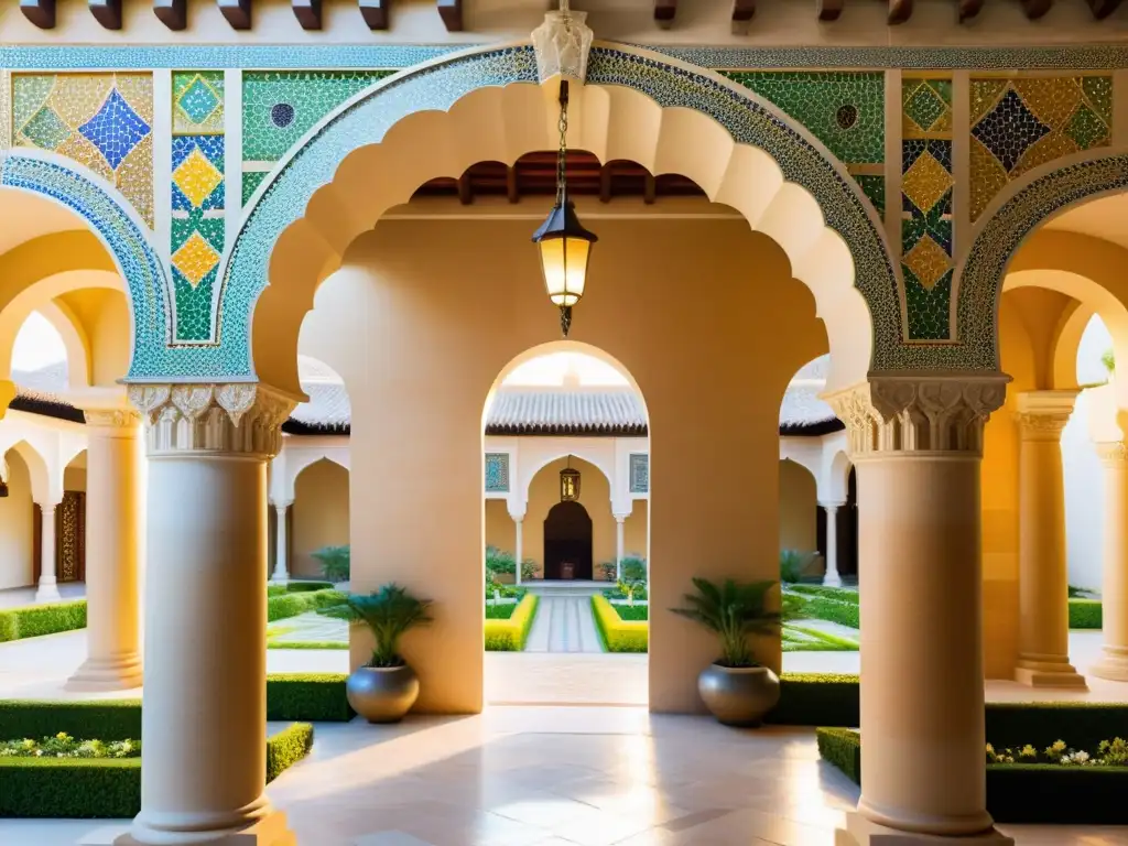 Arco decorado con azulejos y caligrafía islámica, lleva a un patio con jardines exuberantes y fuentes elegantes