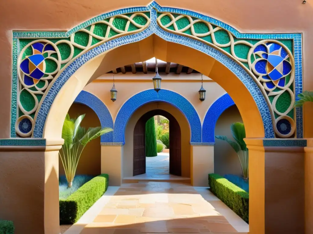 Arco de herradura y mosaicos geométricos en patio soleado con arquitectura islámica España medieval, evocando opulencia y maestría artística