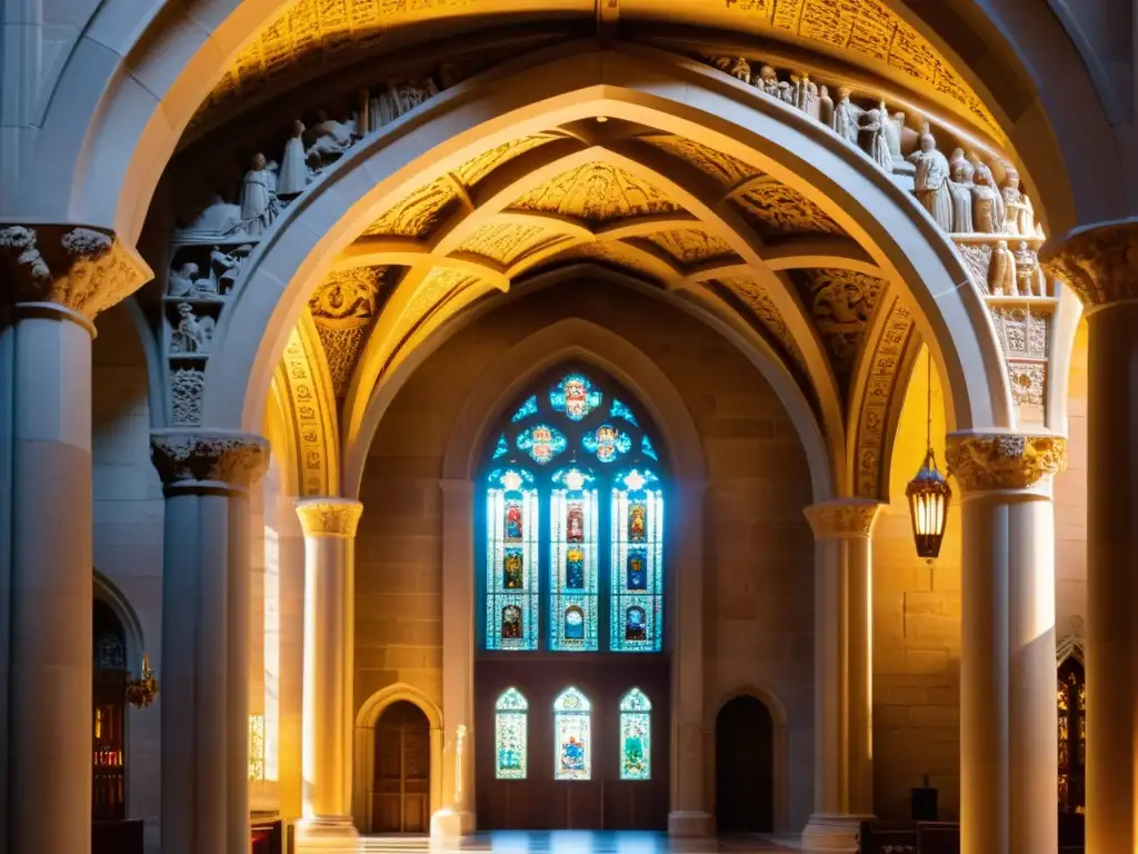 Arco de piedra románica iluminado por luz solar en catedral, influencia arquitectura románica en cruzadas