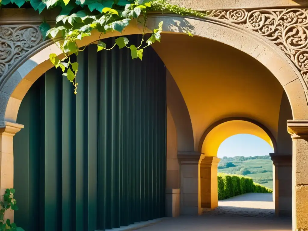 Arco de piedra antiguo, bañado por cálida luz dorada, enmarca la autenticidad en la arquitectura histórica con detalles ornamentales y enredaderas