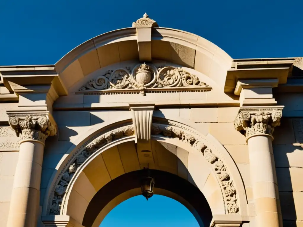 Arco de piedra antiguo con detalles ornamentales, bañado por la luz del sol, evocando la grandeza de materiales de construcción históricos