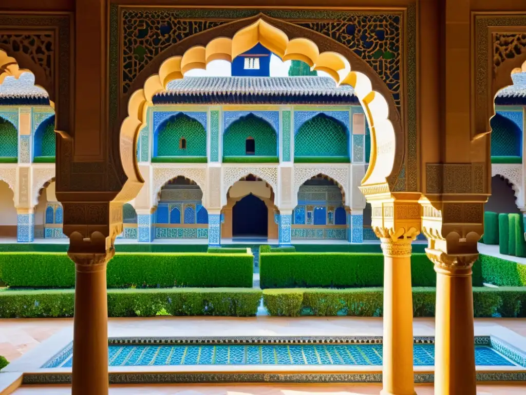 Una fotografía vintage de los arcos y azulejos de la Alhambra, resaltando la belleza de la Arquitectura Islámica Alhambra