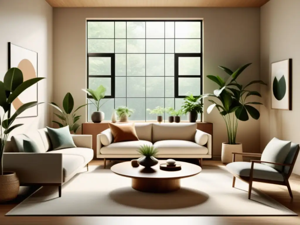 Armonioso salón minimalista con elementos de feng shui contemporáneo para hogar, luz natural y plantas estratégicamente ubicadas