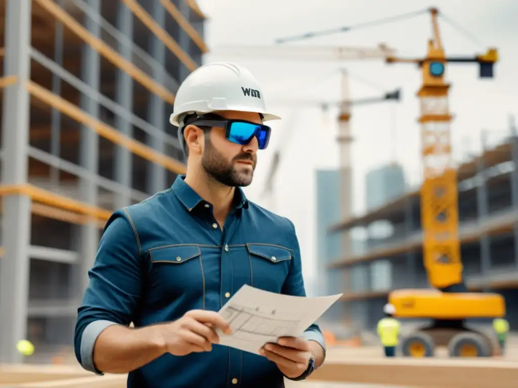 Un arquitecto con casco y gafas de realidad aumentada visualiza un diseño en un entorno de construcción