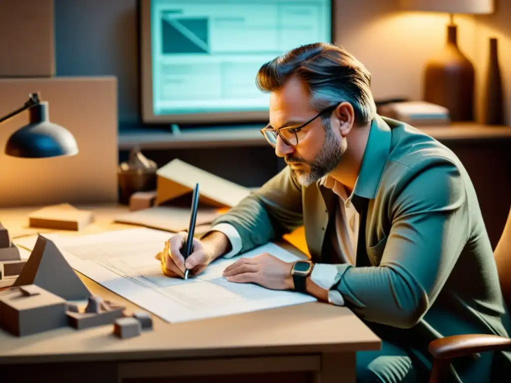 Arquitecto concentrado en su mesa de trabajo, rodeado de modelos y herramientas, usando Rhino