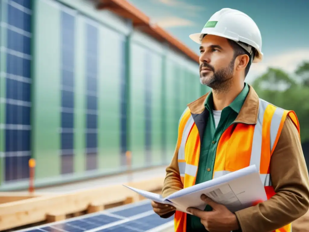 Arquitecto inspeccionando construcción sostenible con Certificación EDGE, enfocado en materiales ecoamigables y diseño energéticamente eficiente