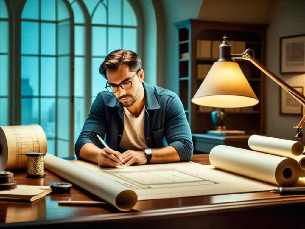 Arquitecto creando diseños detallados a mano Un arquitecto crea diseños a mano en una escena nostálgica