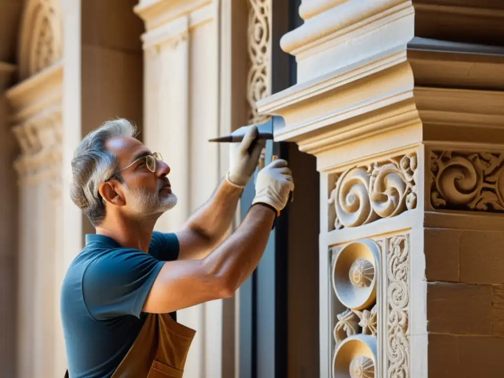 Restauración experta de fachada histórica Un arquitecto experto restaura con dedicación una fachada histórica, destacando la belleza de la ornamentación en piedra