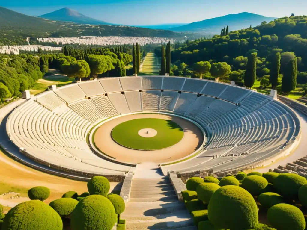 Reconstrucción arquitectónica de la Antigua Olimpia: Detalles meticulosos del estadio, bañados por luz dorada y enmarcados por exuberante vegetación