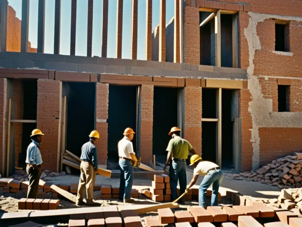 Reconstrucción arquitectónica tras terremotos: Antiguafoto de arquitectos y obreros reconstruyendo con determinación un edificio histórico tras un devastador terremoto