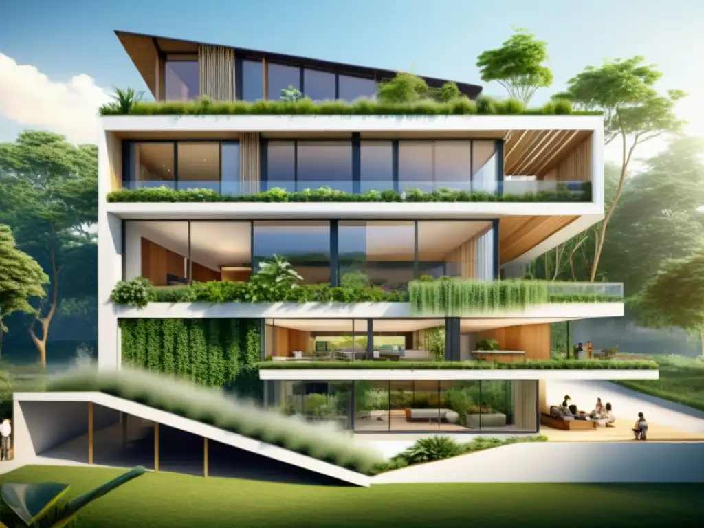 Diseño arquitectónico consciente: edificio sustentable con integración de vegetación, paneles solares y diversidad comunitaria en armonía