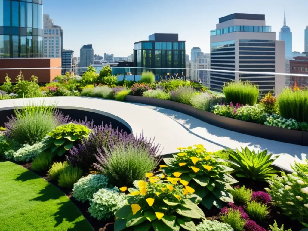 Diseño arquitectónico consciente: un jardín urbano exuberante con plantas, caminos curvos y áreas de descanso, habitado por abejas y mariposas