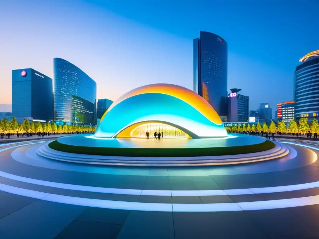 Diseño arquitectónico moderno en el corazón de Seúl: el futurista Dongdaemun Design Plaza iluminado por luces LED, rodeado de rascacielos modernos