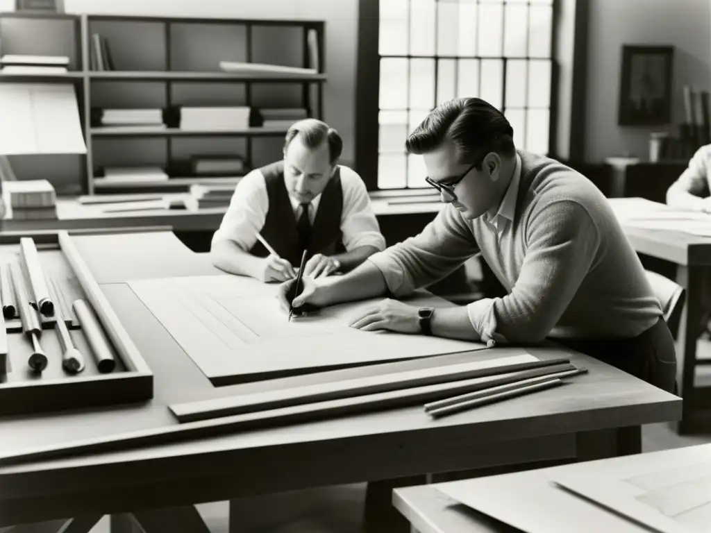 Arquitectos y dibujantes trabajan en un estudio, rodeados de herramientas de dibujo y modelos arquitectónicos