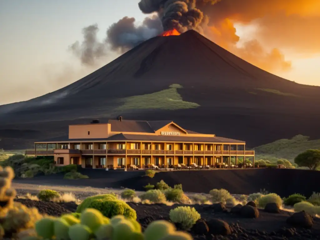 Arquitectura adaptativa en zonas volcánicas: hotel vintage en paisaje volcánico al atardecer, fusionando arquitectura con entorno natural