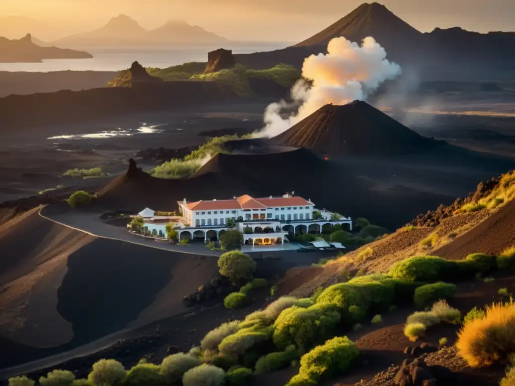 Arquitectura adaptativa en zonas volcánicas: hotel vintage integrado en paisaje volcánico al atardecer