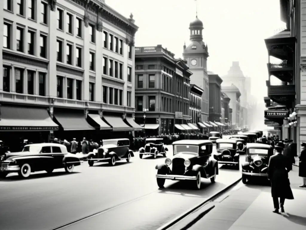 Gentrificación en la arquitectura histórica: Fotografía en blanco y negro de una bulliciosa calle urbana con edificios históricos y gente vestida de época