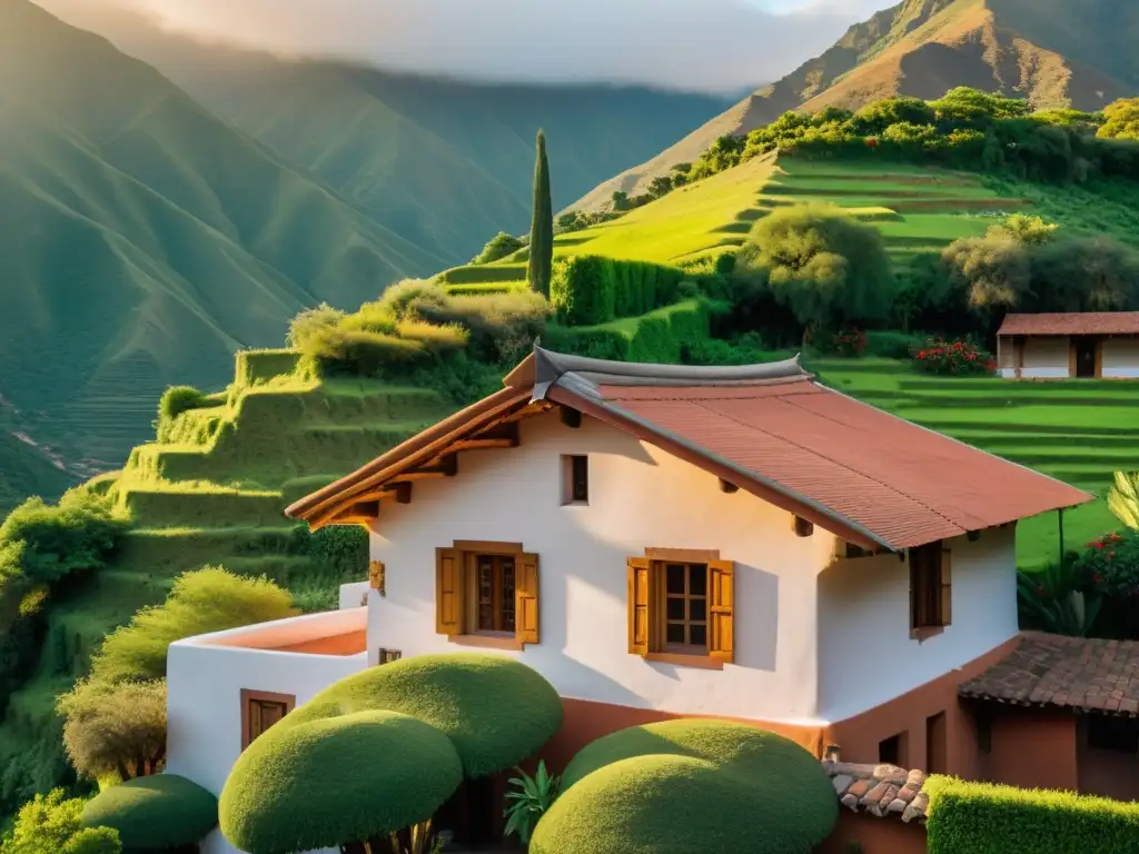 Arquitectura colonial en América Latina: Casa de adobe en los Andes con murales y bougainvillea, bañada por la cálida luz del atardecer