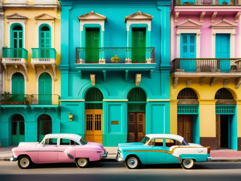 Arquitectura colonial en La Habana: Calles de la Habana Vieja con fachadas detalladas, balcones y colores pastel, bajo la luz del sol