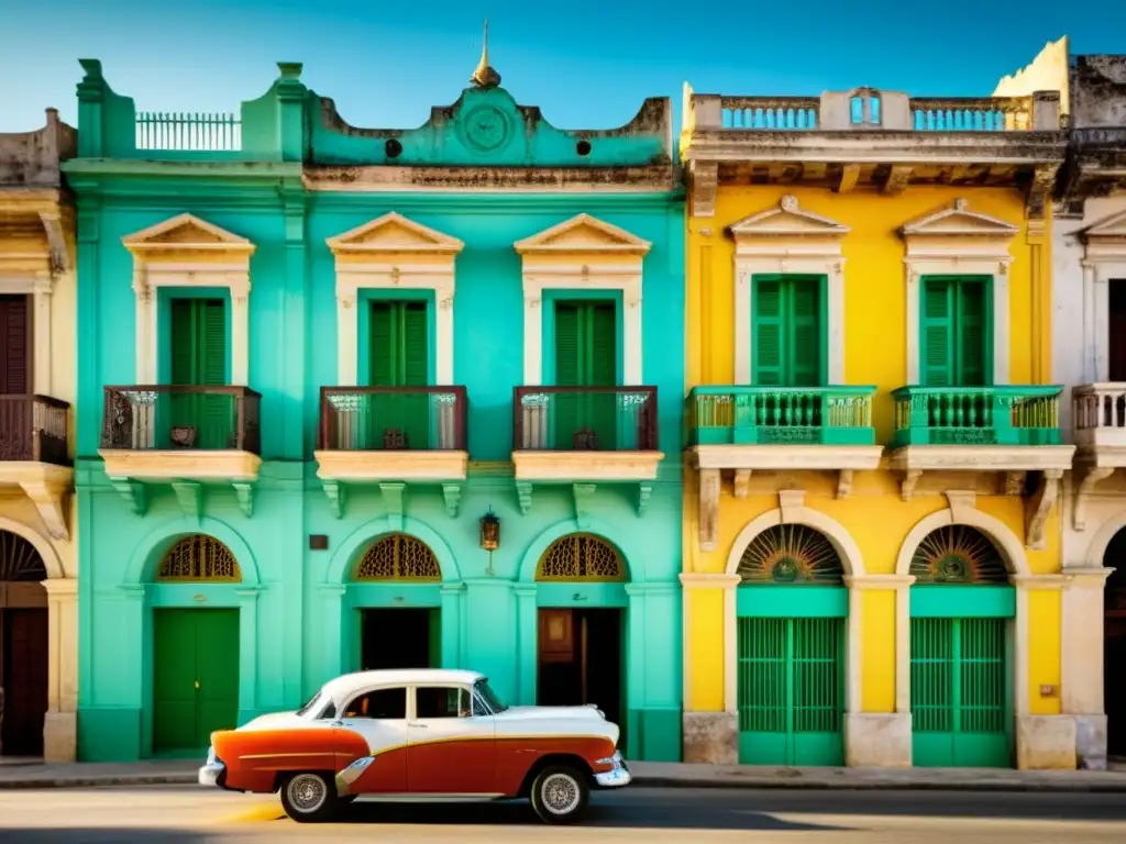 Arquitectura colonial en La Habana: Detalles ornamentados y encanto nostálgico en un edificio restaurado, resaltados por la luz del sol