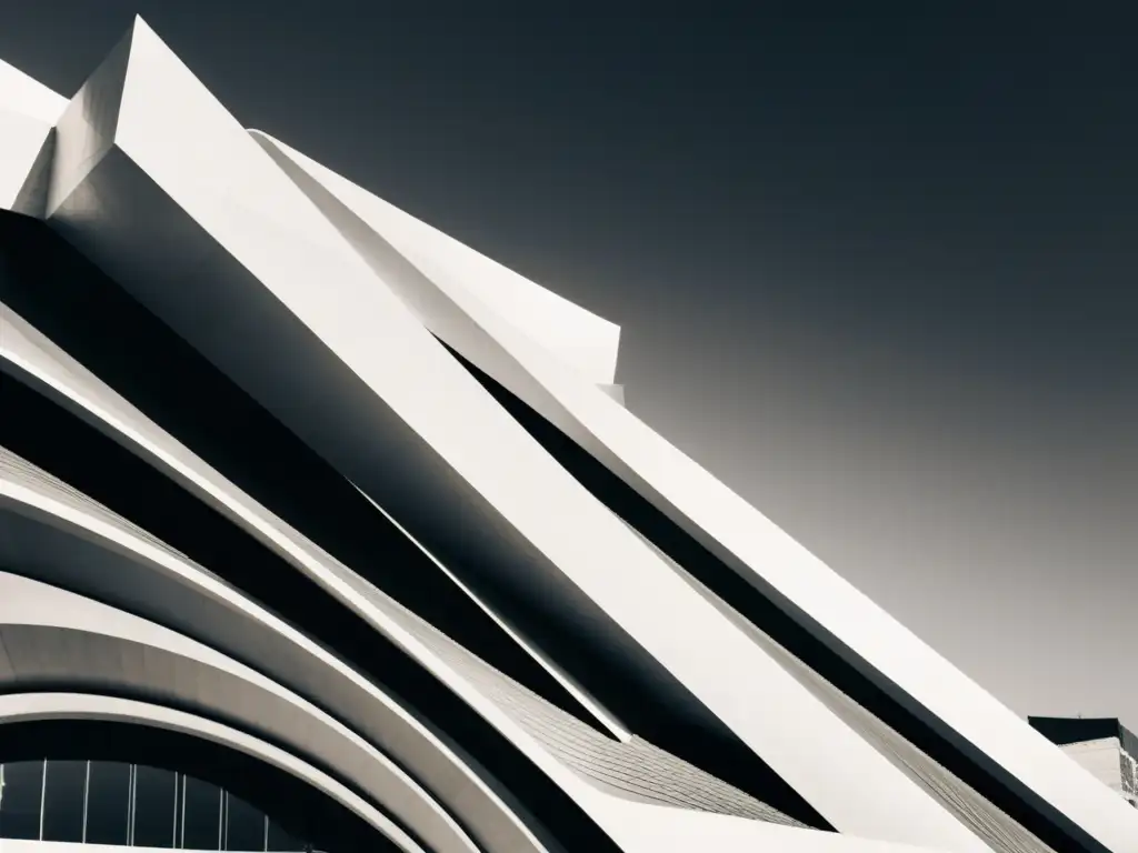 Innovación en arquitectura deconstructivista: Fotografía en blanco y negro del icónico Museo Guggenheim en Bilbao, España, resaltando su arquitectura deconstructivista desde un ángulo único, con juego de luces y sombras