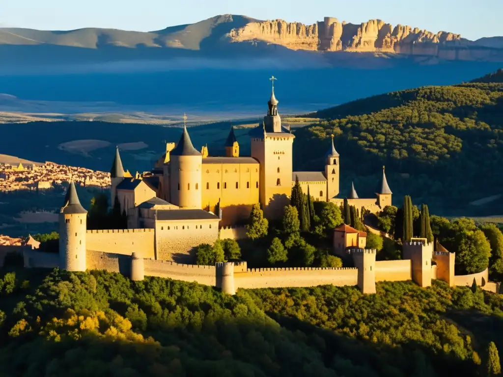 Arquitectura defensiva: el imponente Alcázar de Segovia en la cálida luz del atardecer, con sus muros y torres antiguos