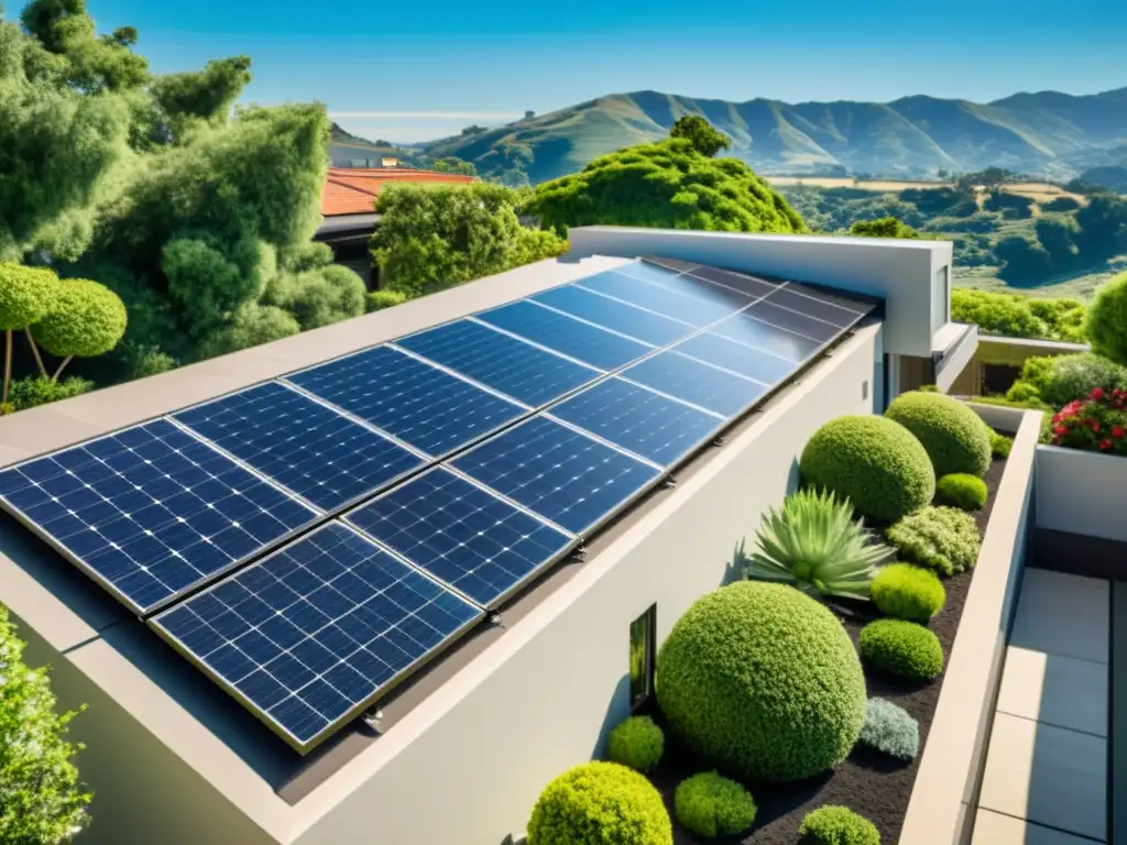 Arquitectura ecológica con paneles solares integrados en un tejado vintage, capturando la esencia de la sostenibilidad y la elegancia atemporal