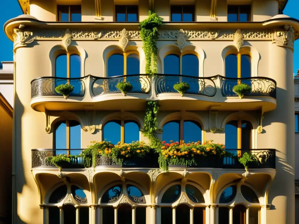 Arquitectura Art Nouveau del siglo XXI: Fotografía vintage de un edificio con detalles ornamentales y motivos florales, bañado en cálido sol dorado